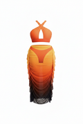 Three-piece gradient mesh swimsuit set in orange to black ombre