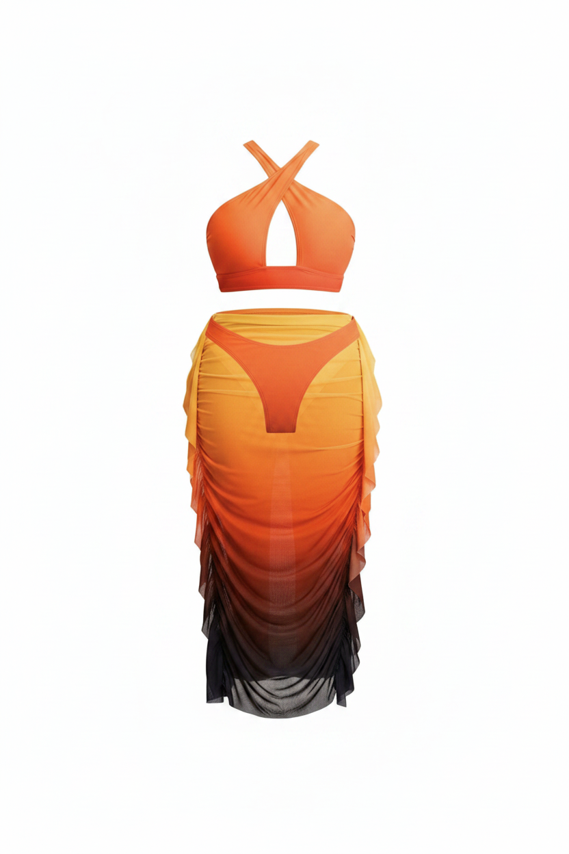 Three-piece gradient mesh swimsuit set in orange to black ombre